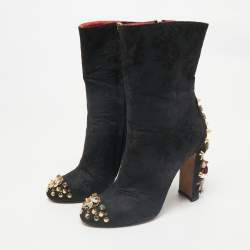 Dolce & Gabbana Black Brocade Fabric Crystal Embellished Ankle Length Boots Size 38