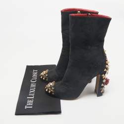 Dolce & Gabbana Black Brocade Fabric Crystal Embellished Ankle Length Boots Size 38