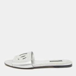 Dolce & Gabbana Metallic Silver Leather Logo Flat Slide Sandals Size 37