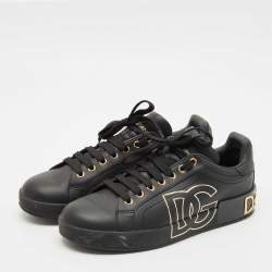 Pre Owned Dolce & Gabbana Black Leather Portofino Low Top Sneakers Size 39.5