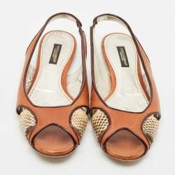 Dolce & Gabbana Brown Leather and Snakeskin Leather Flat Sandals Size 37