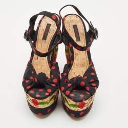 Dolce & Gabbana Multicolor Fabric Polka Dot Embroidered Knotted Bow Wedge Sandals Size 40