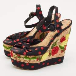 Dolce & Gabbana Multicolor Fabric Polka Dot Embroidered Knotted Bow Wedge Sandals Size 40