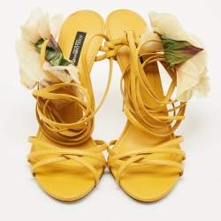 Dolce & Gabbana Yellow Leather Flower Embellished Ankle Wrap Sandals Size 39.5