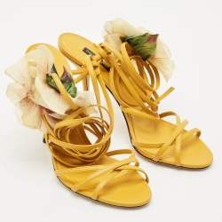 Dolce & Gabbana Yellow Leather Flower Embellished Ankle Wrap Sandals Size 39.5