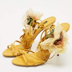 Dolce & Gabbana Yellow Leather Flower Embellished Ankle Wrap Sandals Size 39.5