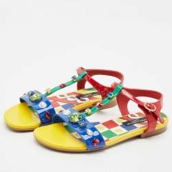 Dolce & Gabbana Multicolor Patent Leather Crystals Embellished T-Strap Sandals Size 34
