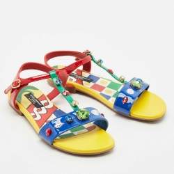 Dolce & Gabbana Multicolor Patent Leather Crystals Embellished T-Strap Sandals Size 34