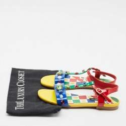 Dolce & Gabbana Multicolor Patent Leather Crystals Embellished T-Strap Sandals Size 34