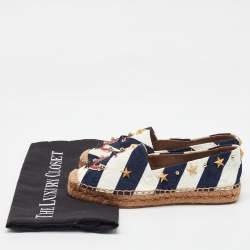 Dolce & Gabbana Navy Blue/White Striped Brocade Fabric Star Studded Espadrille Flats Size 35
