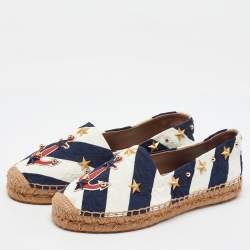 Dolce & Gabbana Navy Blue/White Striped Brocade Fabric Star Studded Espadrille Flats Size 35