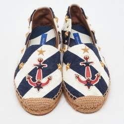 Dolce & Gabbana Navy Blue/White Striped Brocade Fabric Star Studded Espadrille Flats Size 35