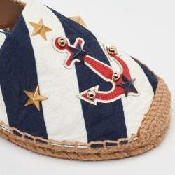 Dolce & Gabbana Navy Blue/White Striped Brocade Fabric Star Studded Espadrille Flats Size 35