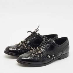 Dolce & Gabbana Black Brogue Leather Studded Embellished Lace Oxfords Size 40