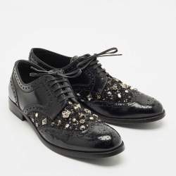 Dolce & Gabbana Black Brogue Leather Studded Embellished Lace Oxfords Size 40