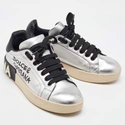 Dolce & Gabbana Silver/Black Leather Low Top Sneakers Size 35