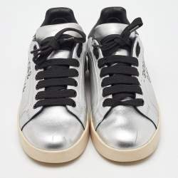 Dolce & Gabbana Silver/Black Leather Low Top Sneakers Size 35