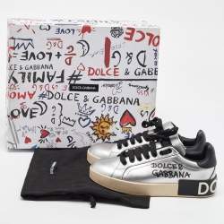 Dolce & Gabbana Silver/Black Leather Low Top Sneakers Size 35