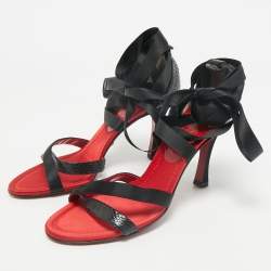 Dolce & Gabbana Black Snakeskin and Satin Ankle Wrap Sandals Size 38.5