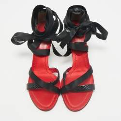 Dolce & Gabbana Black Snakeskin and Satin Ankle Wrap Sandals Size 38.5