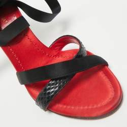 Dolce & Gabbana Black Snakeskin and Satin Ankle Wrap Sandals Size 38.5