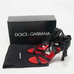 Dolce & Gabbana Black Snakeskin and Satin Ankle Wrap Sandals Size 38.5