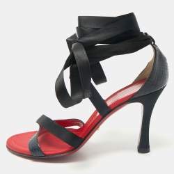 Dolce & Gabbana Black Snakeskin and Satin Ankle Wrap Sandals Size 38.5