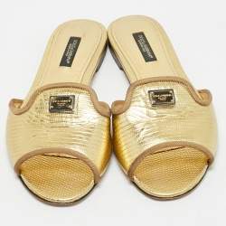 Pre Owned Dolce & Gabbana Gold Lizard Embossed Leather Flat Slides Size 36