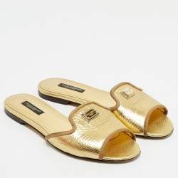 Pre Owned Dolce & Gabbana Gold Lizard Embossed Leather Flat Slides Size 36
