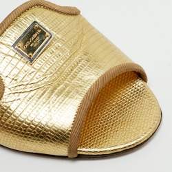 Pre Owned Dolce & Gabbana Gold Lizard Embossed Leather Flat Slides Size 36
