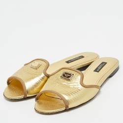 Pre Owned Dolce & Gabbana Gold Lizard Embossed Leather Flat Slides Size 36