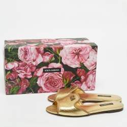 Pre Owned Dolce & Gabbana Gold Lizard Embossed Leather Flat Slides Size 36