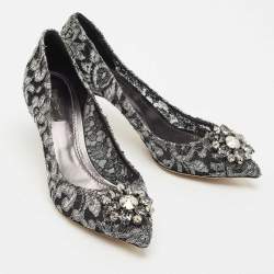 Dolce & Gabbana Silver/Black Lace Bellucci Crystal Embellished Pumps Size 40.5