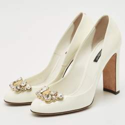 Dolce & Gabbana White Patent Leather Crystal Embellished Block Heel Pumps Size 40