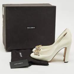 Dolce & Gabbana White Patent Leather Crystal Embellished Block Heel Pumps Size 40