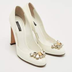 Dolce & Gabbana White Patent Leather Crystal Embellished Block Heel Pumps Size 40