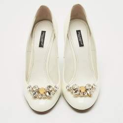 Dolce & Gabbana White Patent Leather Crystal Embellished Block Heel Pumps Size 40