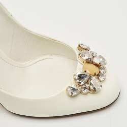 Dolce & Gabbana White Patent Leather Crystal Embellished Block Heel Pumps Size 40