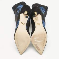 Dolce & Gabbana Black/Blue Knit Fabric Rose Gardinale Ankle Length Boots Size 37.5