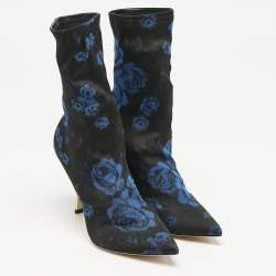Dolce & Gabbana Black/Blue Knit Fabric Rose Gardinale Ankle Length Boots Size 37.5