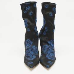 Dolce & Gabbana Black/Blue Knit Fabric Rose Gardinale Ankle Length Boots Size 37.5