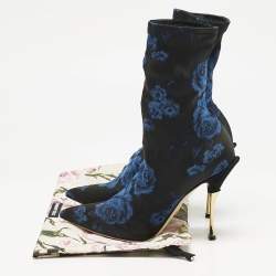 Dolce & Gabbana Black/Blue Knit Fabric Rose Gardinale Ankle Length Boots Size 37.5