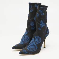 Dolce & Gabbana Black/Blue Knit Fabric Rose Gardinale Ankle Length Boots Size 37.5