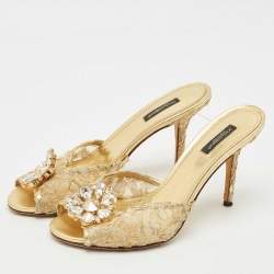 Dolce & Gabbana Gold Lace And Mesh Crystal Embellished Keira Sandals Size 41