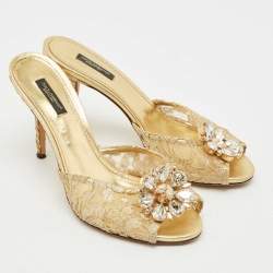 Dolce & Gabbana Gold Lace And Mesh Crystal Embellished Keira Sandals Size 41