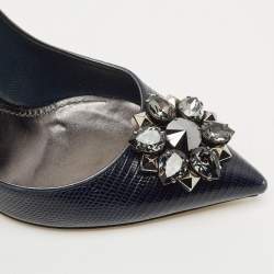 Dolce & Gabbana Navy Blue Lizard Embossed Leather Bellucci Crystal Embellished Pumps Size 40