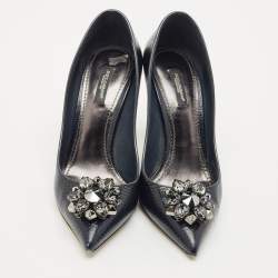 Dolce & Gabbana Navy Blue Lizard Embossed Leather Bellucci Crystal Embellished Pumps Size 40