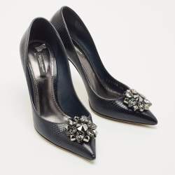 Dolce & Gabbana Navy Blue Lizard Embossed Leather Bellucci Crystal Embellished Pumps Size 40
