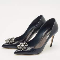 Dolce & Gabbana Navy Blue Lizard Embossed Leather Bellucci Crystal Embellished Pumps Size 40