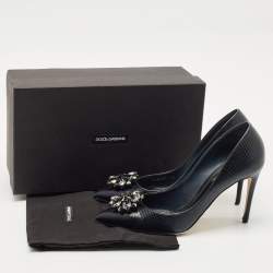 Dolce & Gabbana Navy Blue Lizard Embossed Leather Bellucci Crystal Embellished Pumps Size 40